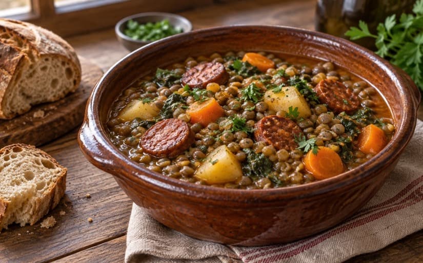 Un plato de lentejas estofadas con verduras y chorizo